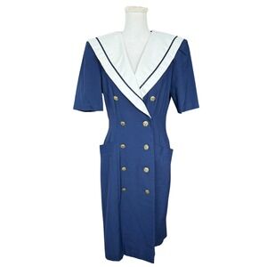 Vintage Sunshine Starshine Navy Sailor Midi‎ Dress Gold Buttons Women Size 10